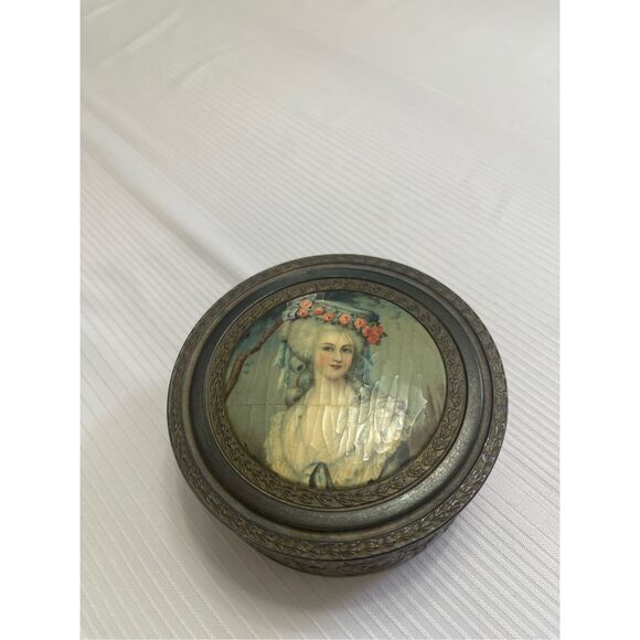 Brass Powder Jar with Victorian Lady Portrait Mirror With Glass Insert Vintage